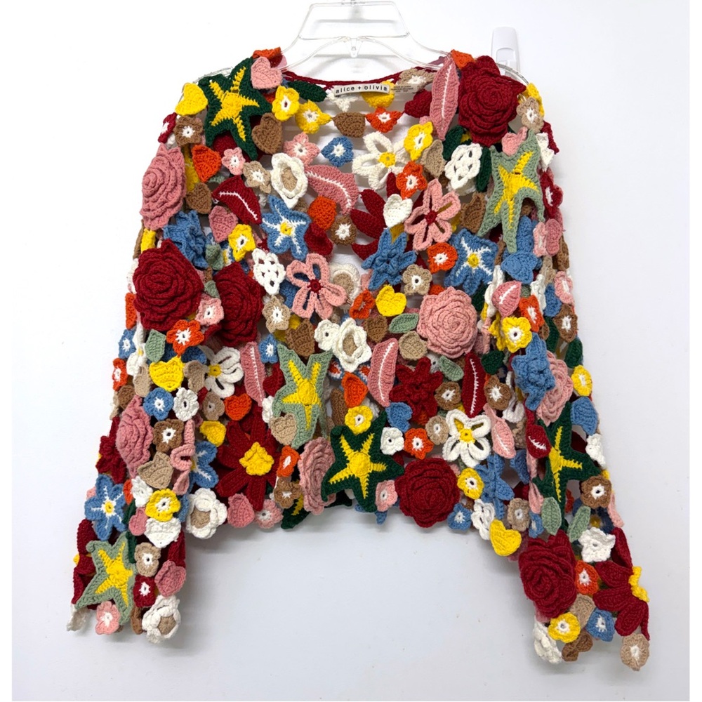 Alice + Olivia Fawn Collage Crochet Cardigan Sweater Cotton Floral XS S - Picture 2 of 14